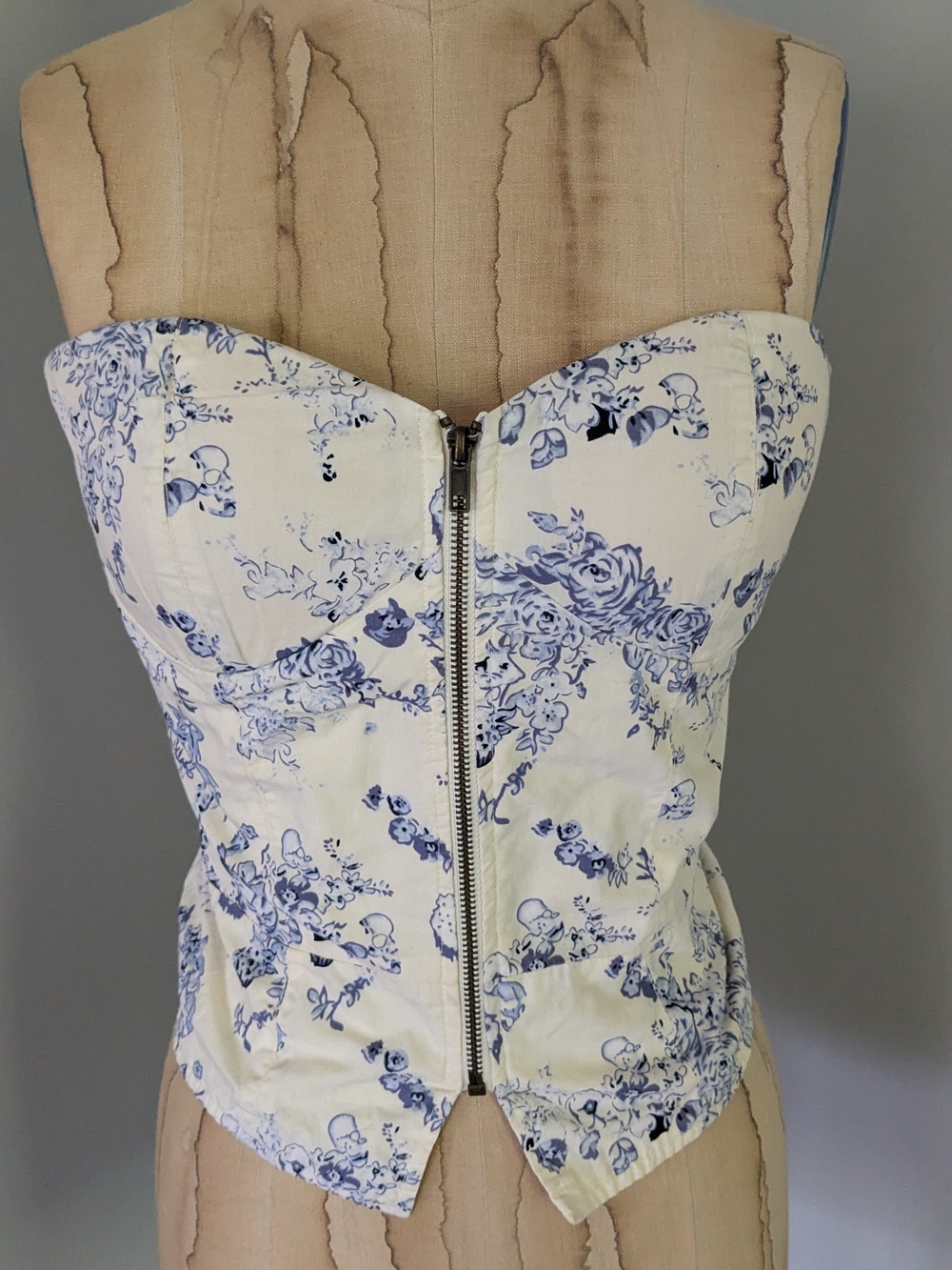 Floral Strapless Zip-Front Bustier Top - Blue on Cream